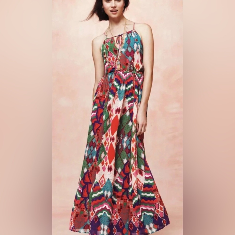 Anthropologie Maeve Tarana Maxi‎ Dress Multi Color Mixed Print Boho Size 4